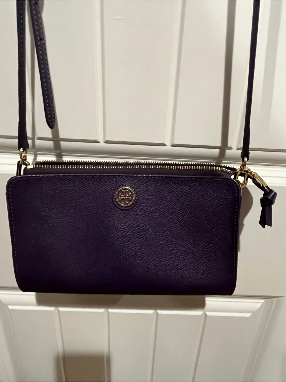 Tory Burch Purple Leather Double-Zip Crossbody with Gold Logo